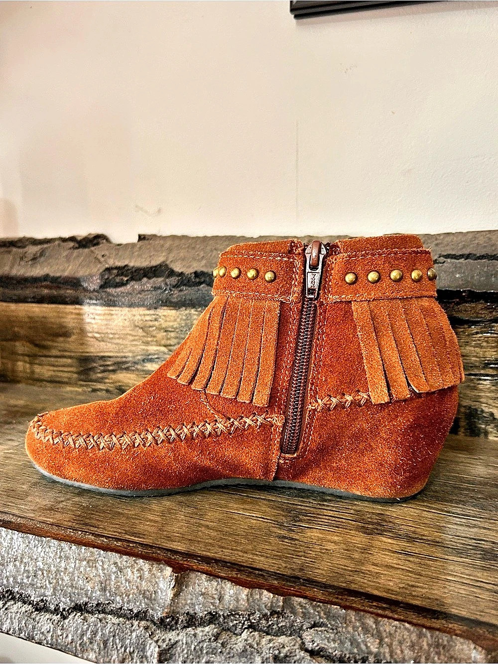 Aldo Size 6 Rust Brown Suede Fringe Ankle Boots Studded Boho Western Booties